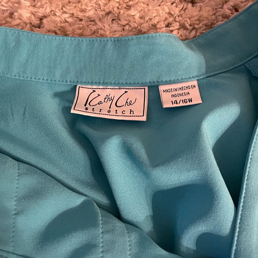Cathy Che Stretch Teal Mandarin Collar Blouse 14/16W - Picture 4 of 8